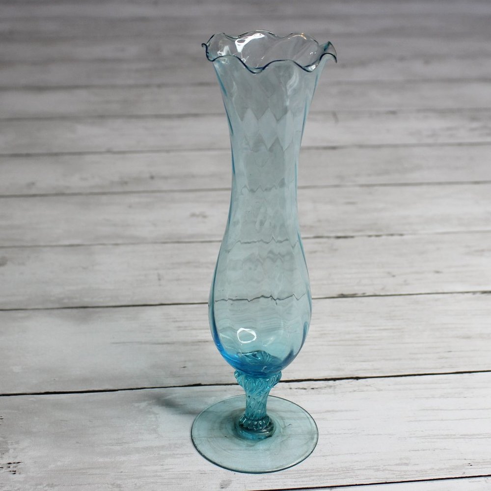 Vintage Blown Glass Fluted Bud Vase Aqua Blue